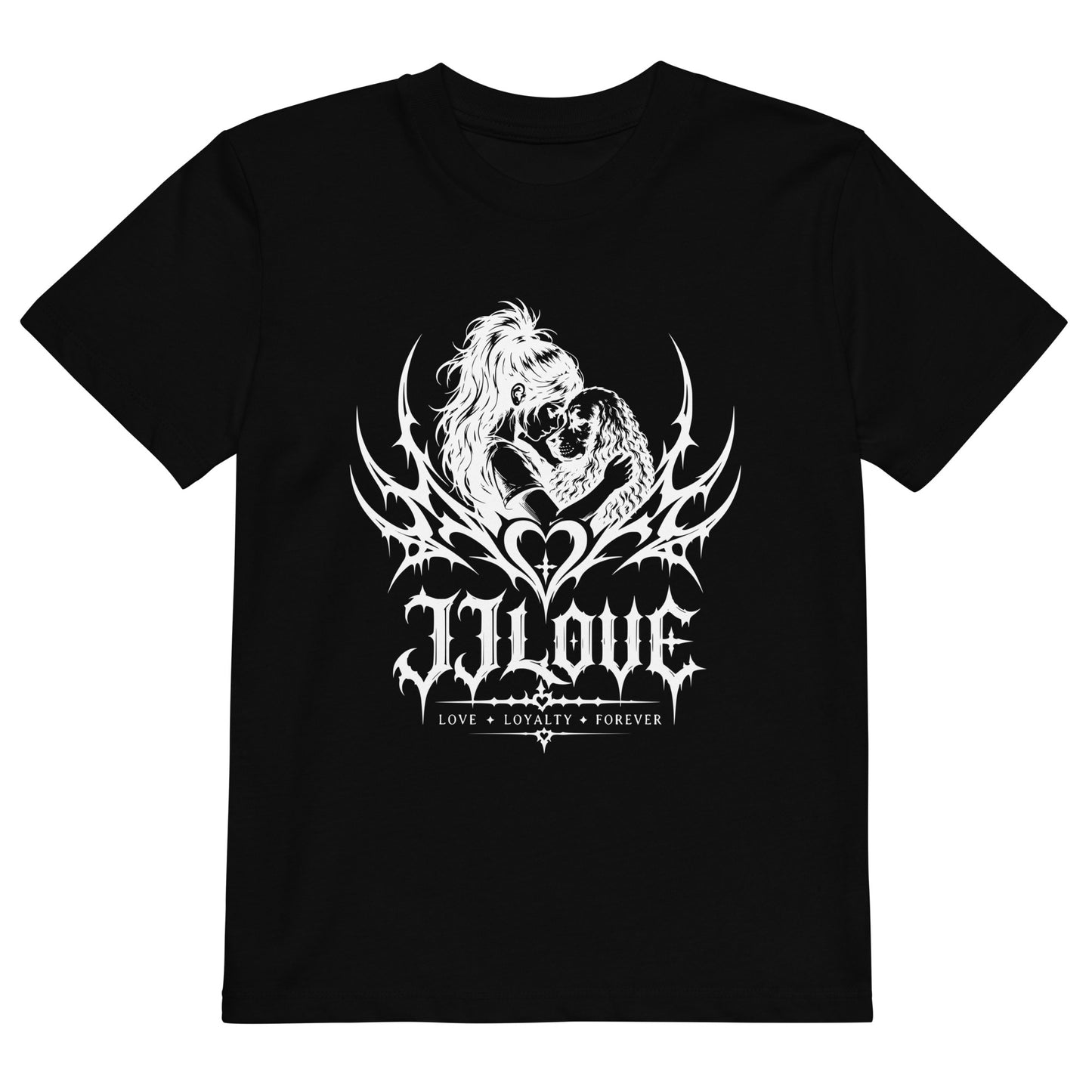 T-shirt nera per bambino JJLove con grande stampa gotica a forma di cuore sul petto