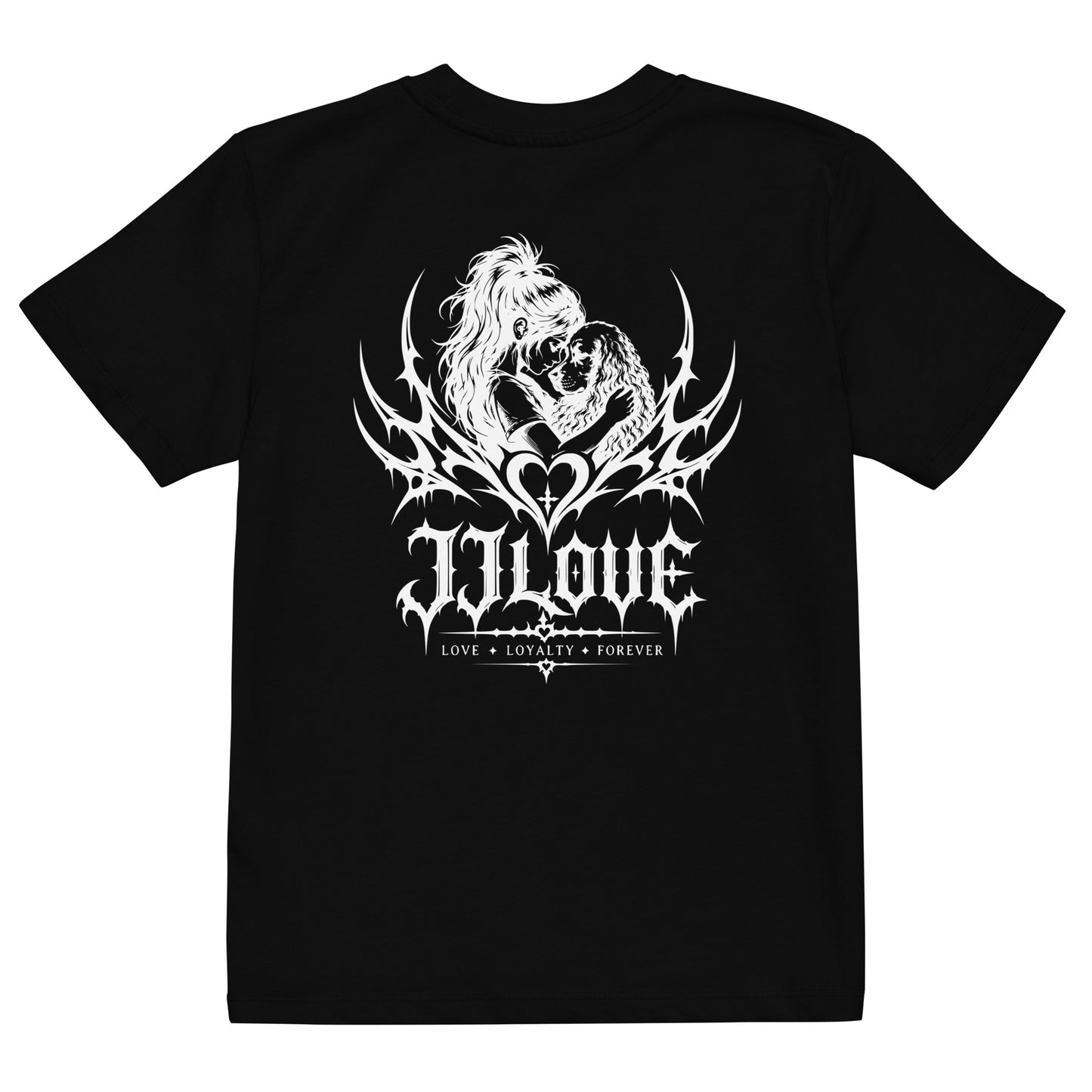 T-shirt nera per bambino JJLove con grande stemma tribale gotico stampato sul retro