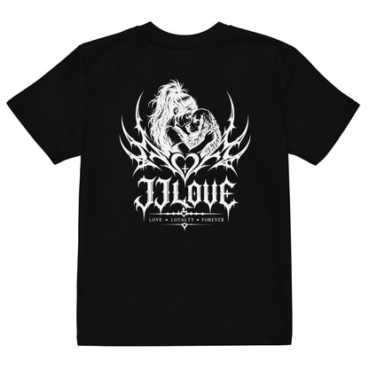 T-shirt nera per bambino JJLove con grande stemma tribale gotico stampato sul retro