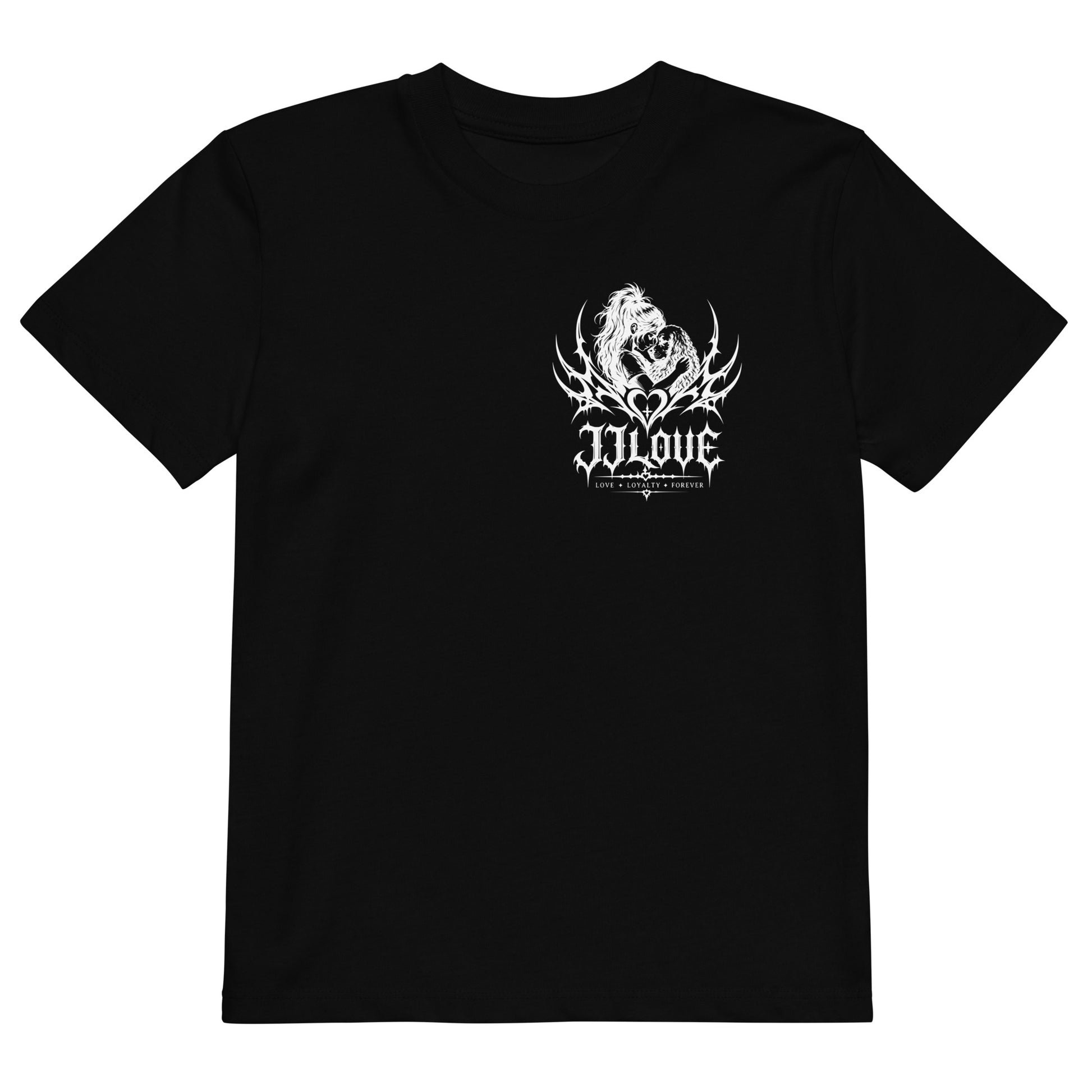 T-shirt nera per bambino JJLove con piccolo logo gotico centrale sul petto