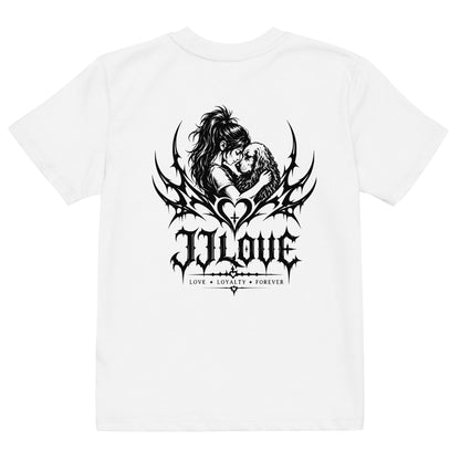 T-shirt bianca per bambino JJLove con grande stampa gotica a forma di cuore sul retro