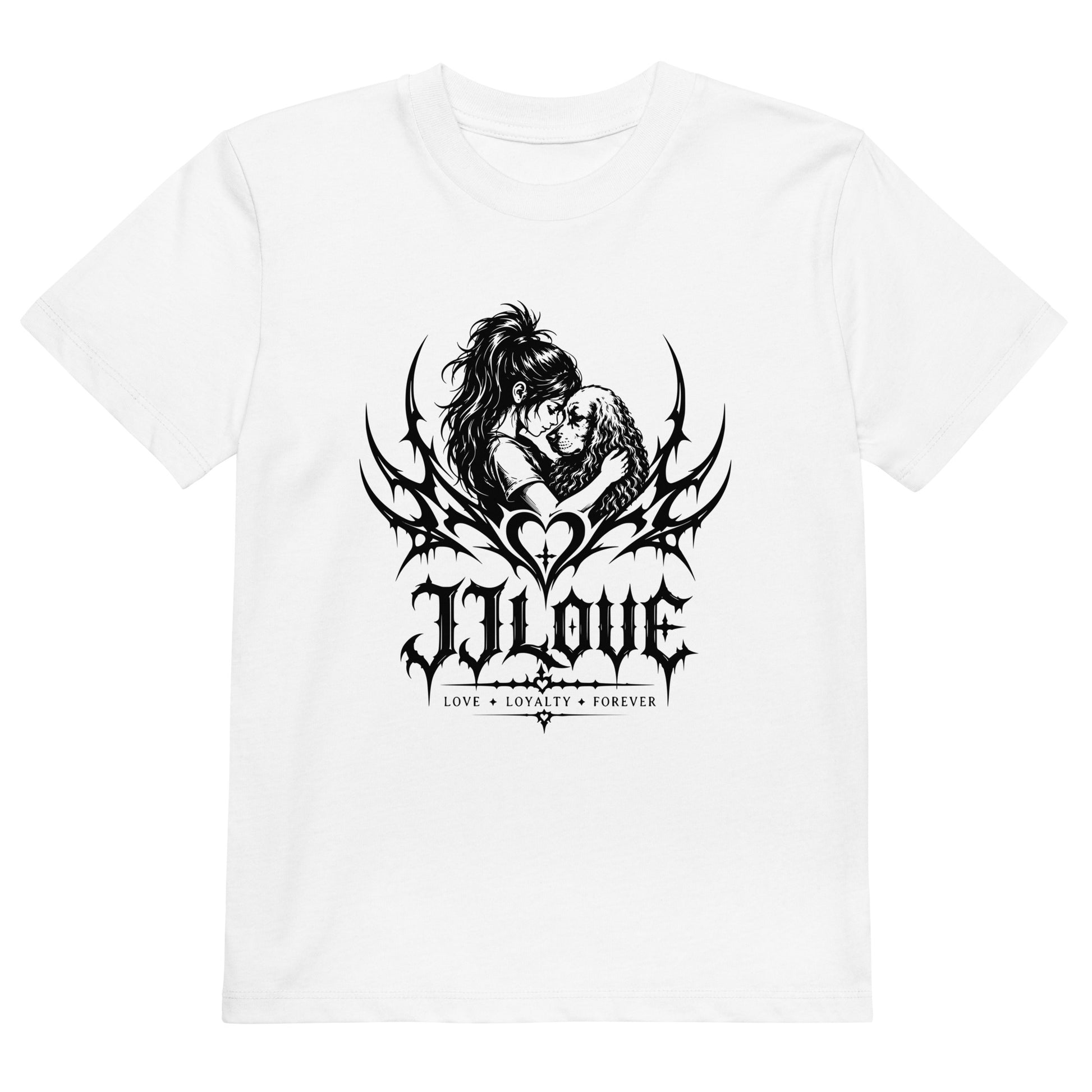 T-shirt bianca per bambino JJLove con grande stampa gotica a forma di cuore sul petto