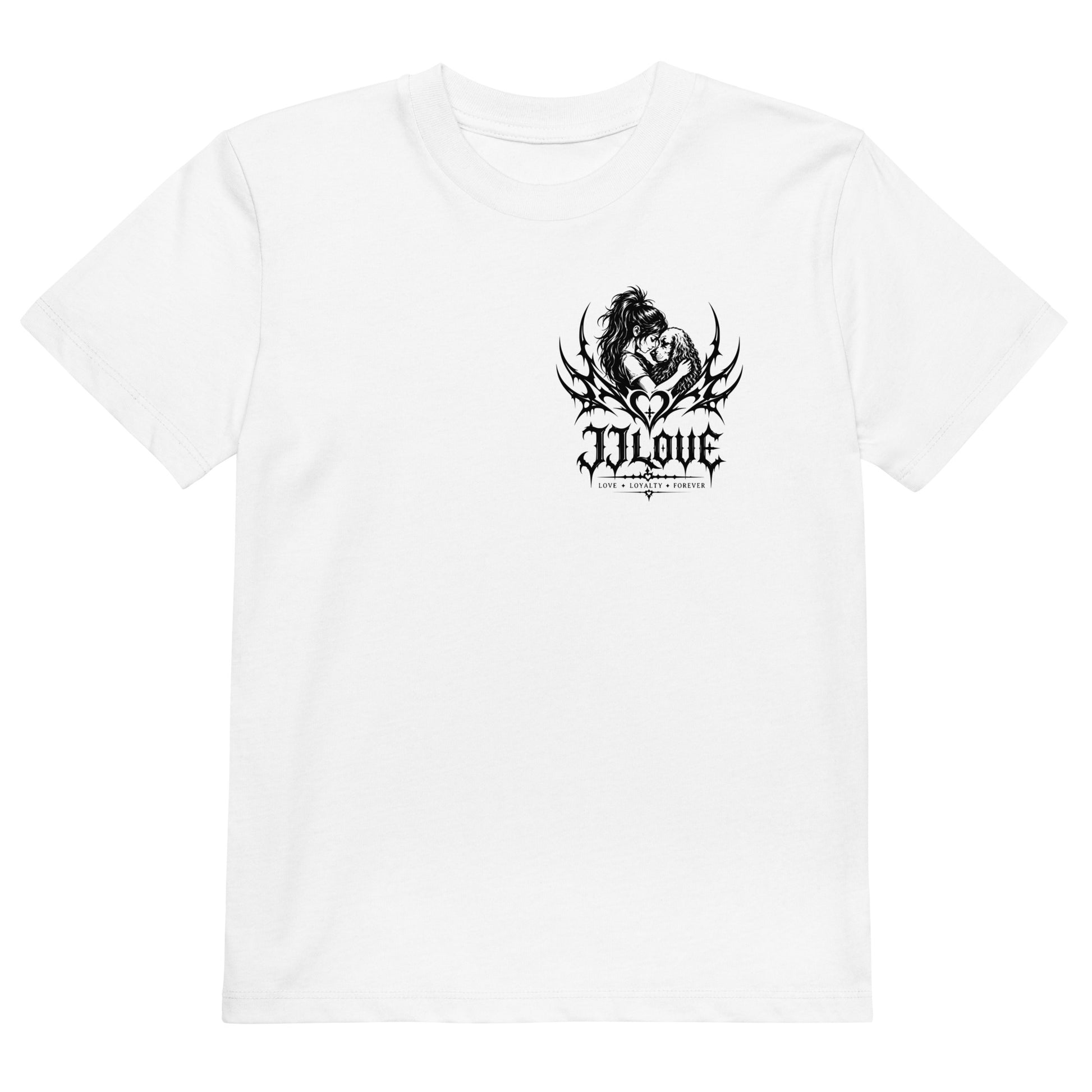 T-shirt bianca per bambino JJLove con piccolo logo gotico centrale sul petto