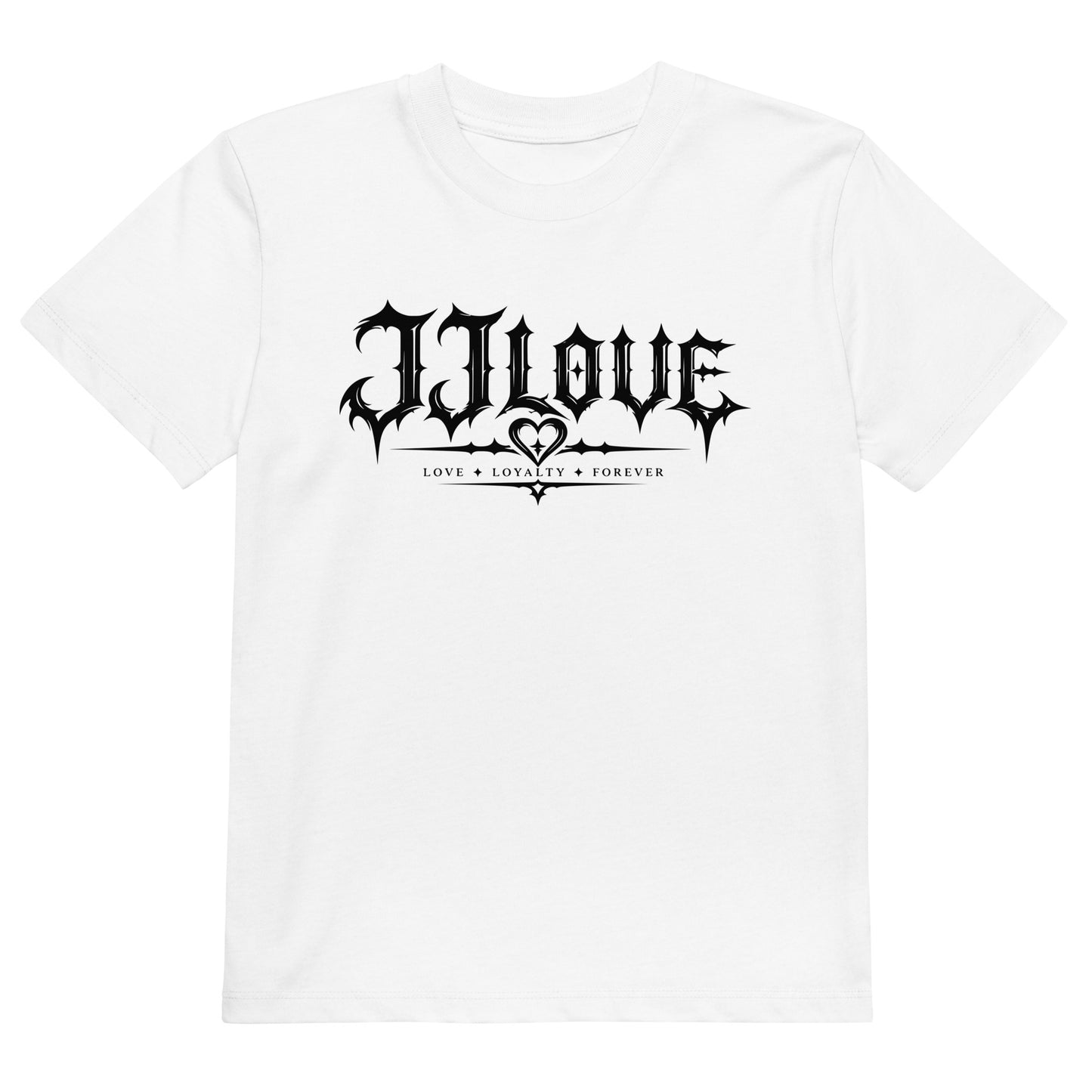 T-shirt bianca per bambino JJLove con logo gotico Love Loyalty Forever sul petto