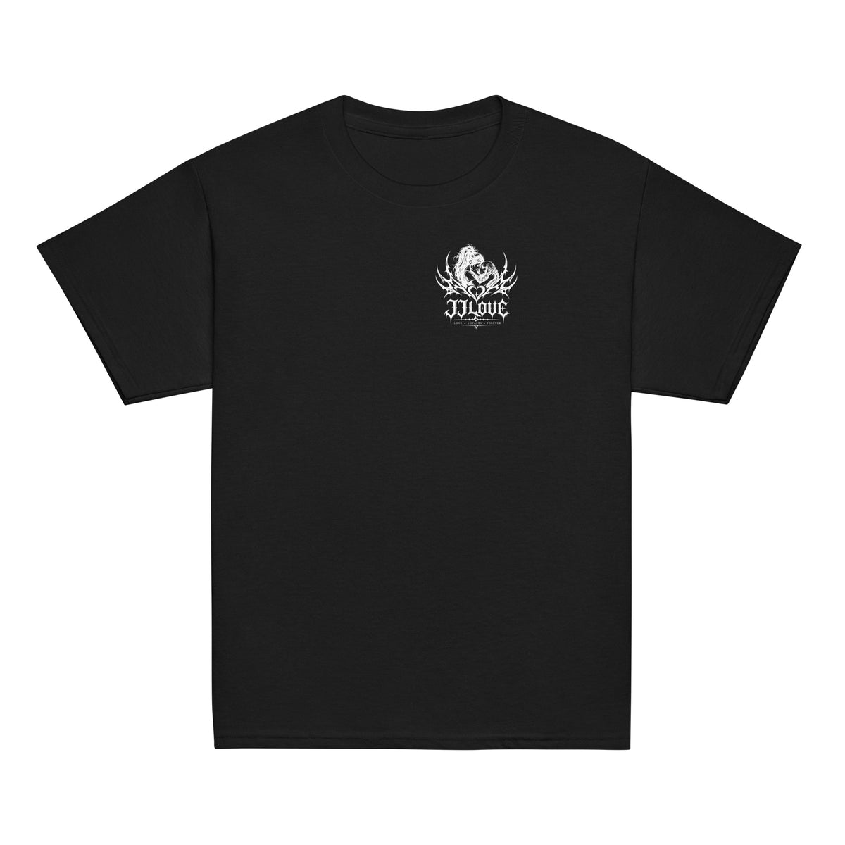 Maglietta teenager nera JJLove logo gotico con grande stemma sul retro