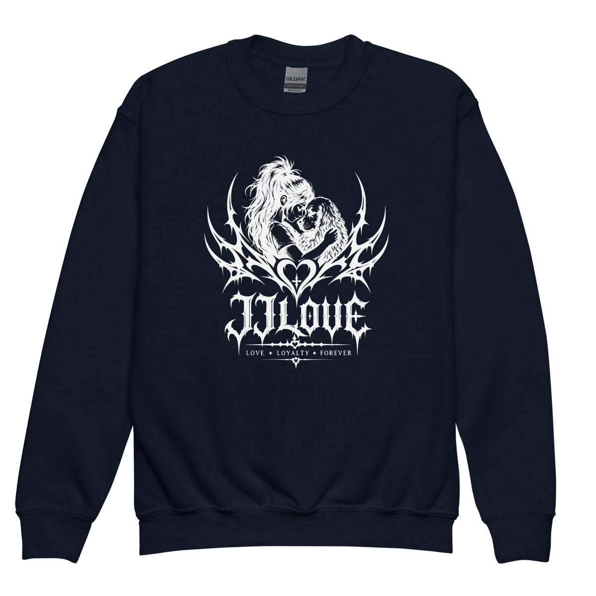 Felpa girocollo blu navy teenager JJLove con grande stemma gotico sul petto