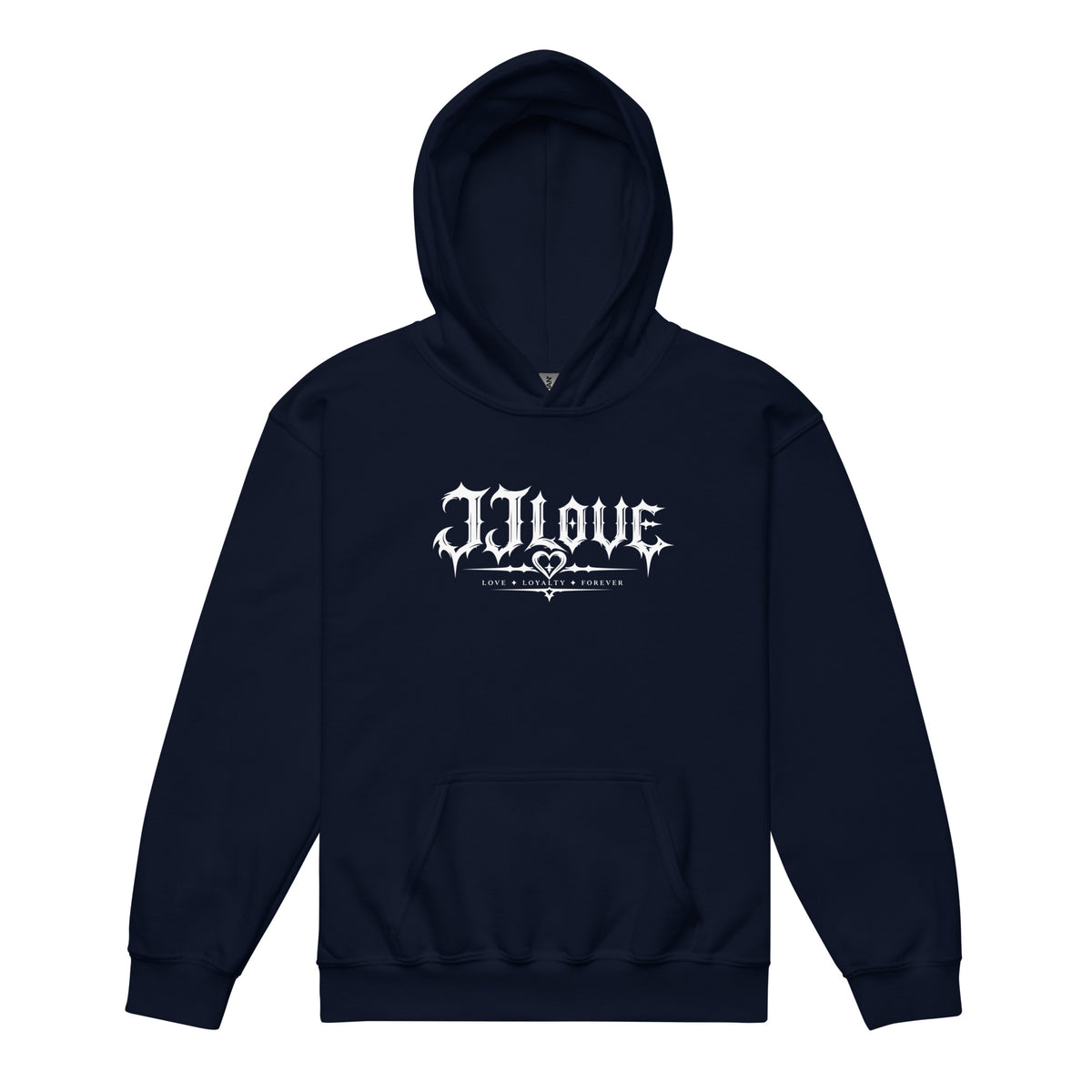 Felpa con cappuccio blu navy teenager JJLove logo gotico centrale