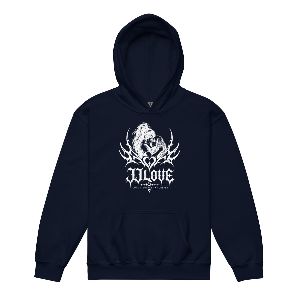 Felpa con cappuccio blu navy teenager JJLove con grande stemma gotico sul petto