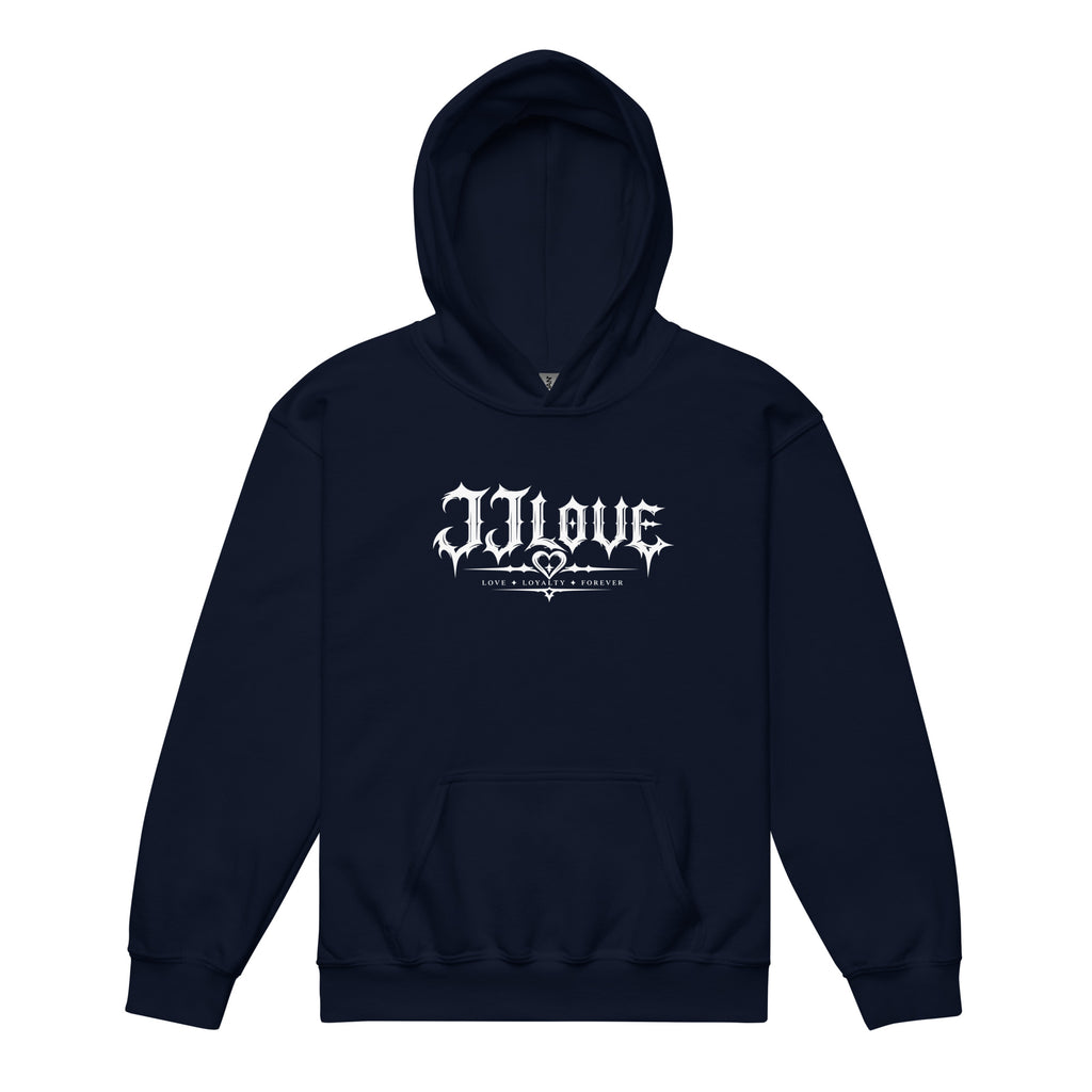 Felpa con cappuccio blu navy teenager JJLove logo gotico con grande stemma sul retro