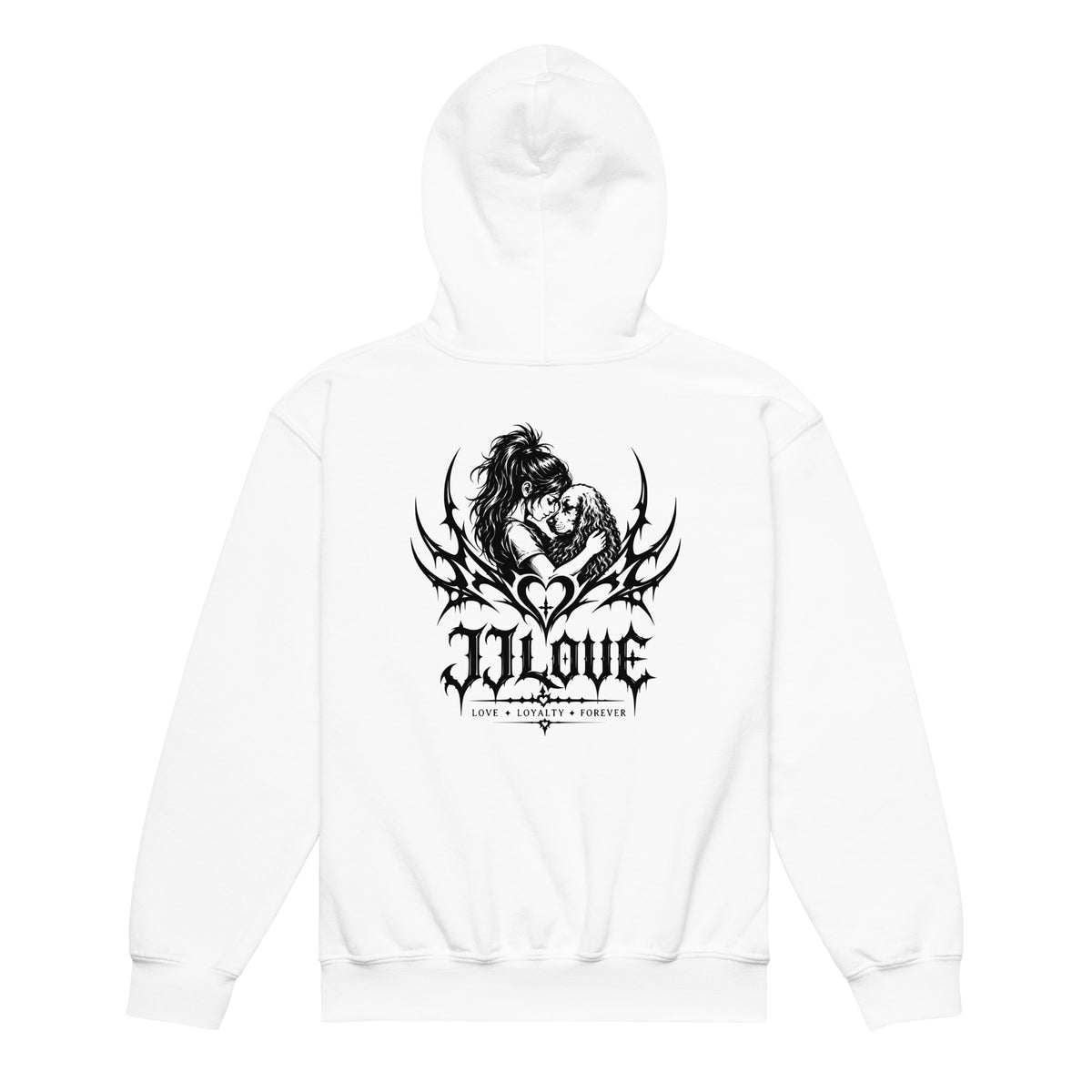 Felpa con cappuccio bianca teenager JJLove logo gotico con grande stemma sul retro