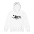 Felpa con cappuccio bianca teenager JJLove logo gotico centrale