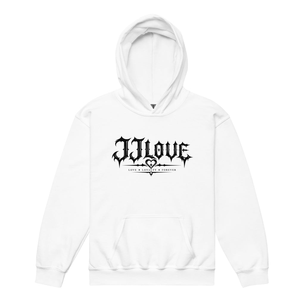 Felpa con cappuccio bianca teenager JJLove logo gotico con grande stemma sul retro